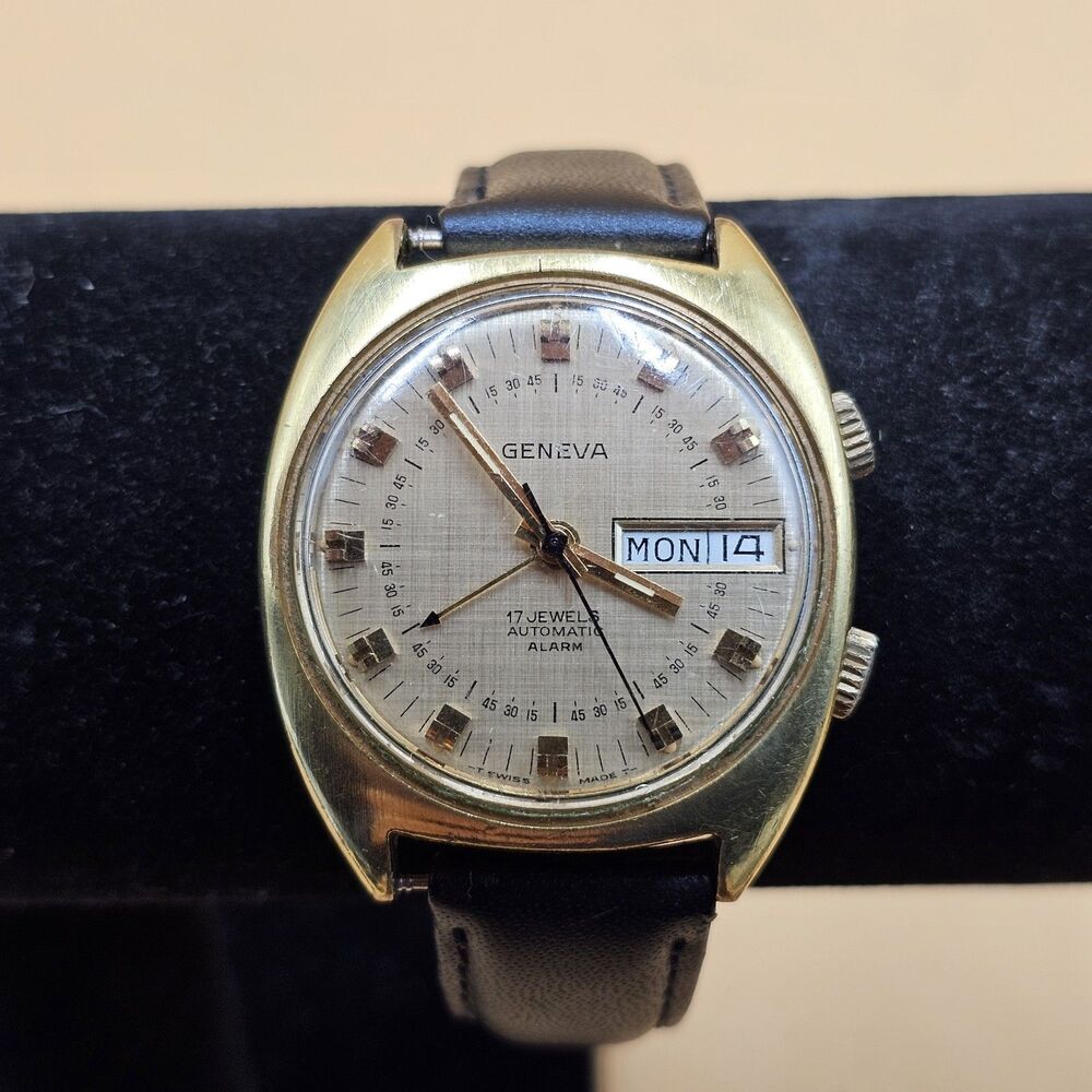 Vintage Geneva 585851 Automatic Alarm 17J DayDate Incabloc Swiss Made Mens Watch